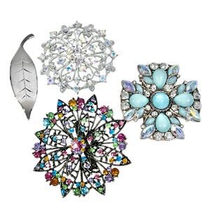Lot of 4 Pin Brooch Vintage Silver Tone Multicolor Rhinestones Leaf Cross